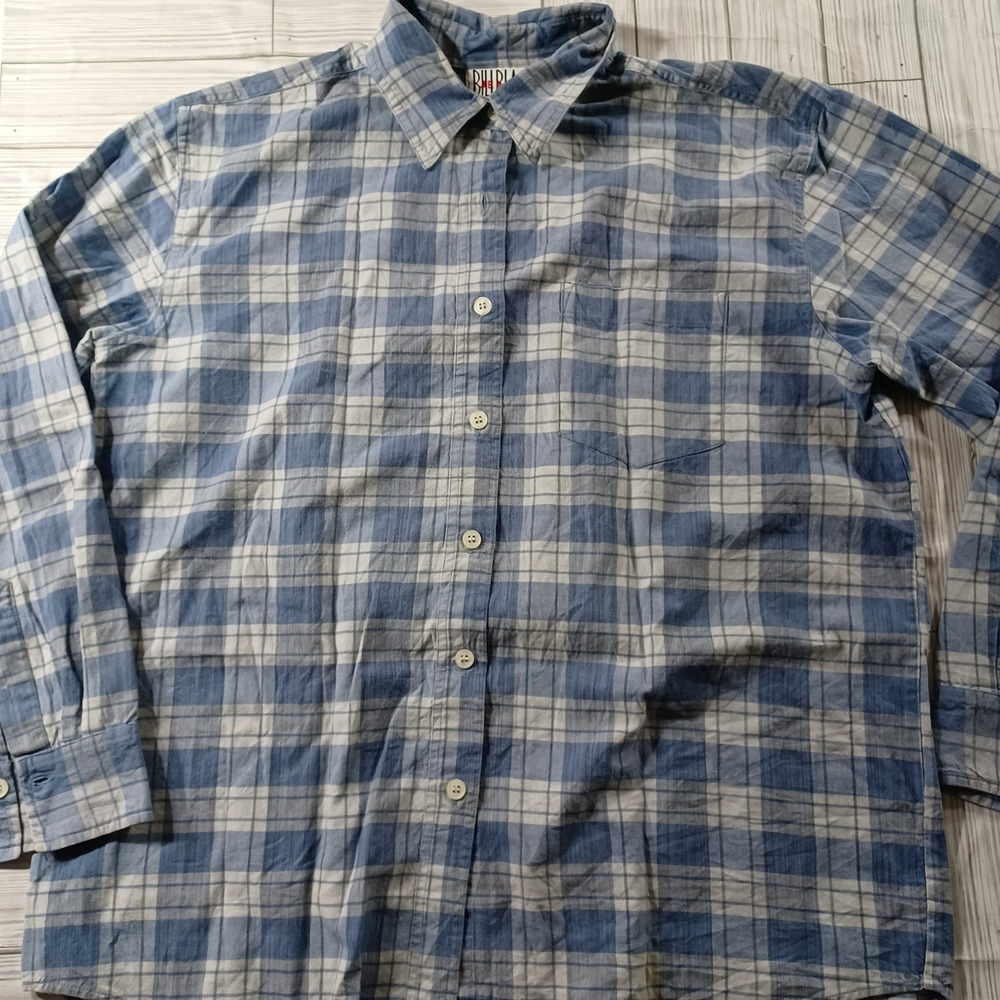 Bill Blass Jeans Mens Large Blue Plaid Long Sleeve Button Down Cotton Shirt